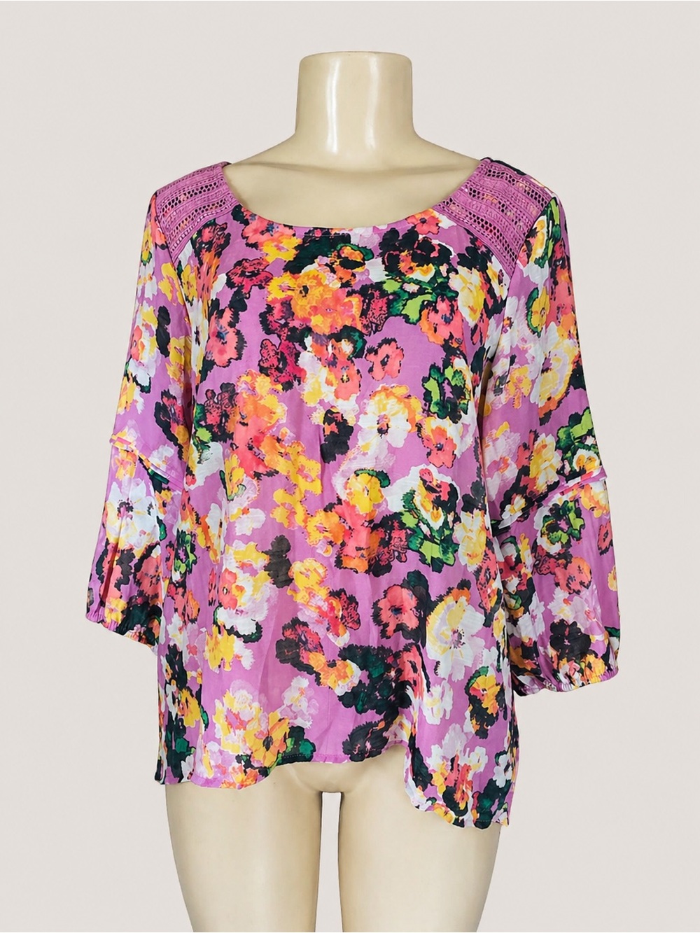 Hope & Harlow Womens M Floral Blouse Cottagecore Crochet Watercolor Lilac Boho